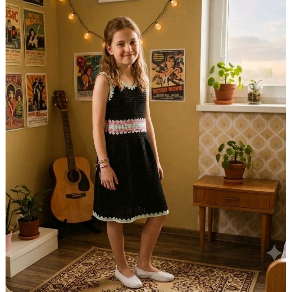 Truce Girl's Sleeveless Colorblock Crochet 70s Mod Tank Dress Size 10- 12 Hippie